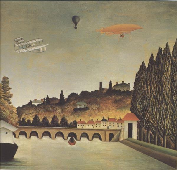 Henri Rousseau View of the Bridge at Sevres and Saint-Cloud with Airplane,Balloon,and Dirigible oil painting picture